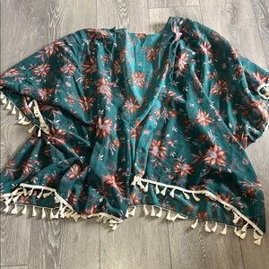 SHEIN Teal Floral Tassel Kimono